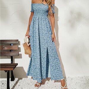 Blue Floral Off the Shoulder Dress